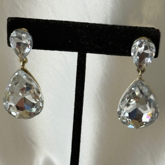Formal Large Stone Double Teardrop Earrings Designer Inspired Dangles Gold Post - Picture 2 of 10